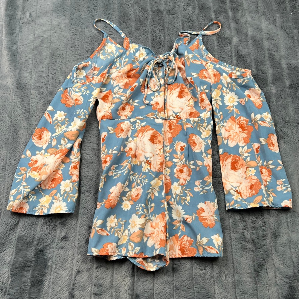 Charlotte Russe Floral Cold Shoulder Romper Blue Orange Bell Sleeve Small